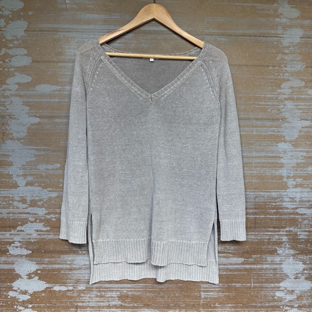 Ann Mashburn 100% Linen V Neck Tunic Sweater Tan Classic Minimalist Womens XS